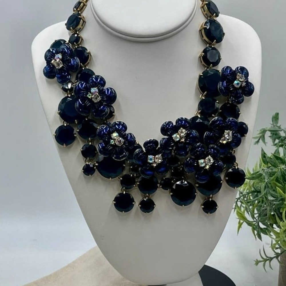 J. Crew Midnight Blue Glitter Floral Rhinestone Waterfall Statement Bib Necklace